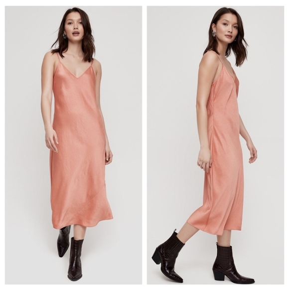 ARITZIA WILFRED Christine Dress Only Satin Slip Midi Peach V Neck XS - Picture 1 of 10